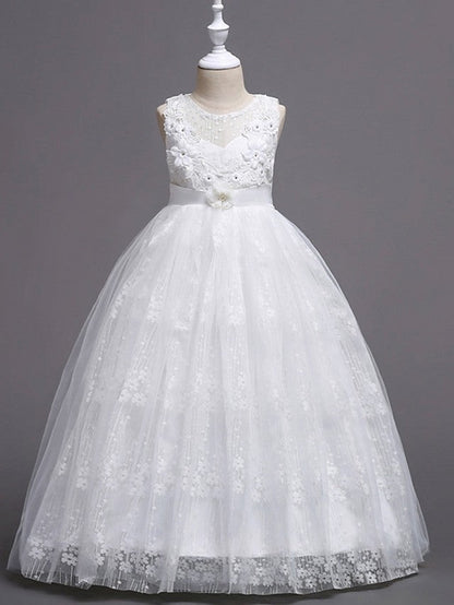 Long Ball Gown Tulle Sleeveless Jewel Neck Wedding Party Flower Girl Dresses