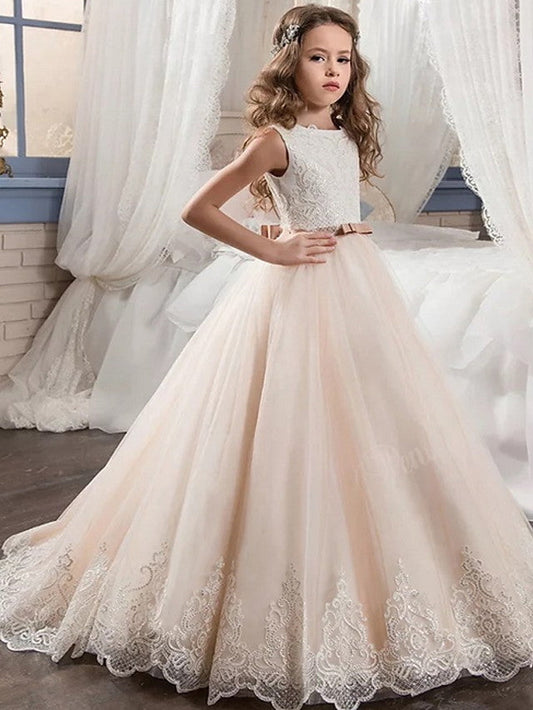 Long Ball Gown Tulle Sleeveless Jewel Neck Wedding Party Flower Girl Dresses