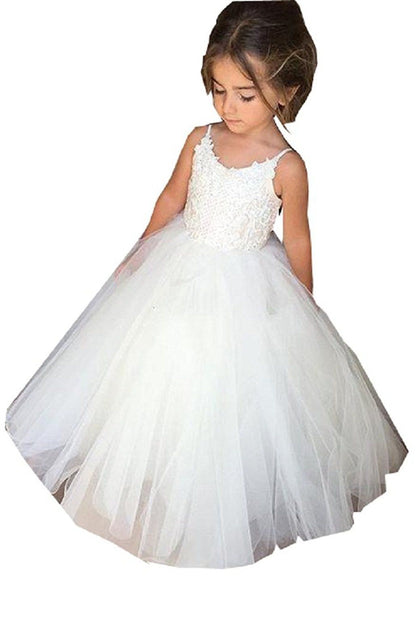 Long Ball Gown Tulle Square Neckline Sleeveless Flower Girl Dress