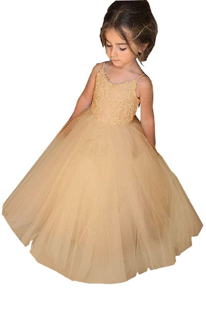 Long Ball Gown Tulle Square Neckline Sleeveless Flower Girl Dress