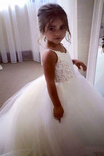 Long Ball Gown Tulle Square Neckline Sleeveless Flower Girl Dress