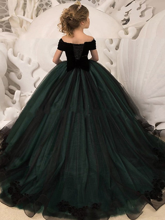 Long Ball Gown Tulle Velvet Off Shoulder Wedding Party Flower Girl Dresses