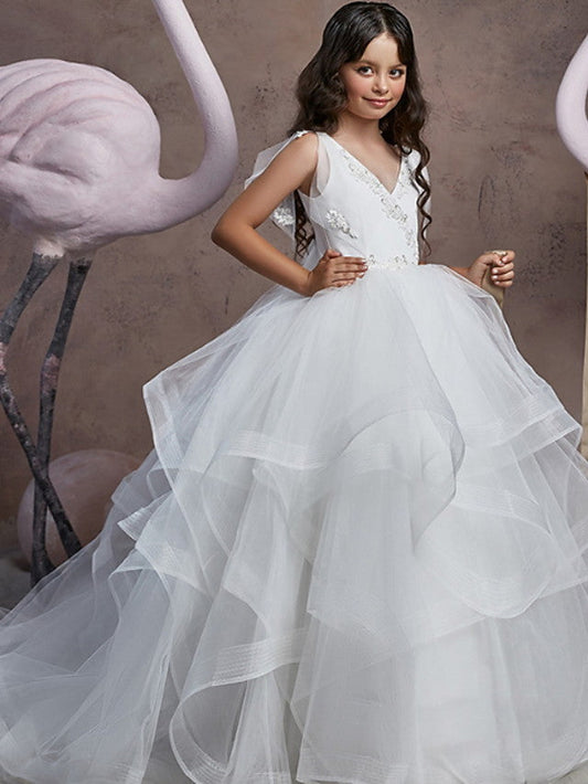 Long Ball Gown V Neck Tulle Party Birthday Flower Girl Dresses