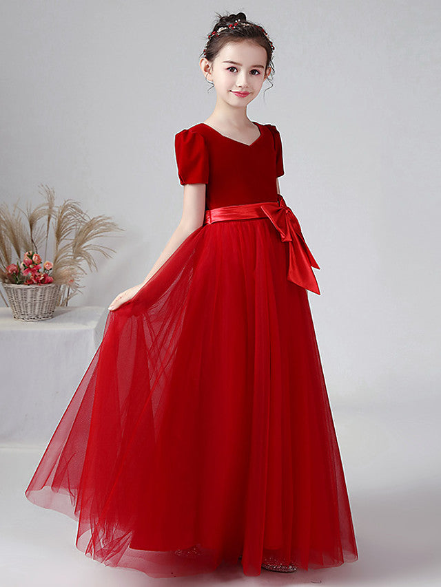 Long Ball Gown Velvet Bateau Neck Wedding Party Flower Girl Dresses with Sleeves