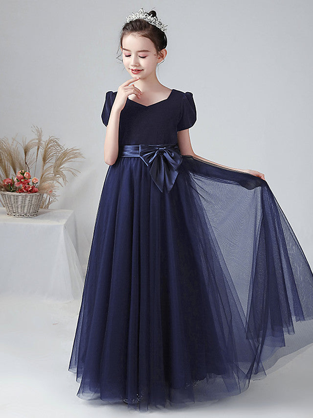 Long Ball Gown Velvet Bateau Neck Wedding Party Flower Girl Dresses with Sleeves