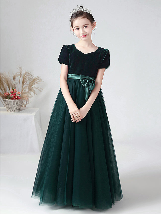 Long Ball Gown Velvet Bateau Neck Wedding Party Flower Girl Dresses with Sleeves