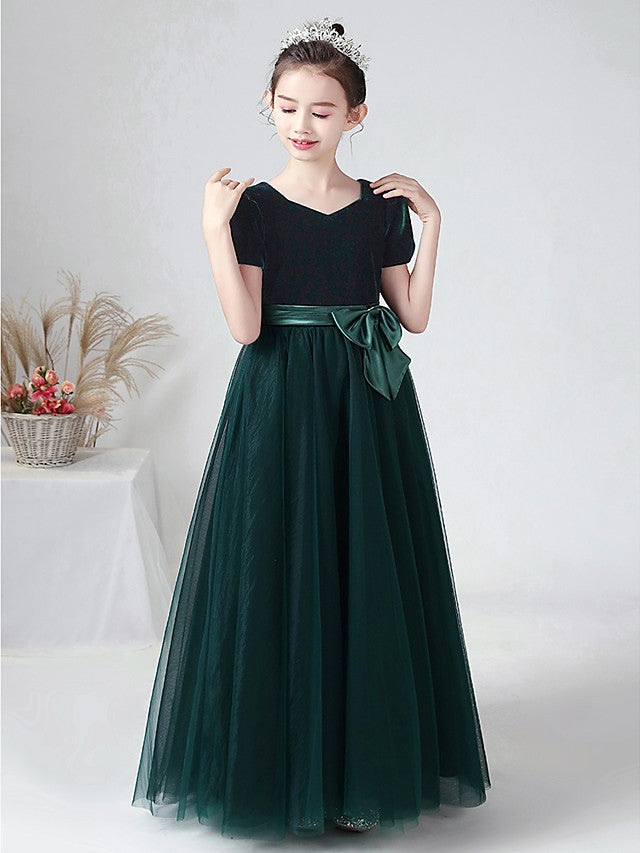 Long Ball Gown Velvet Bateau Neck Wedding Party Flower Girl Dresses with Sleeves