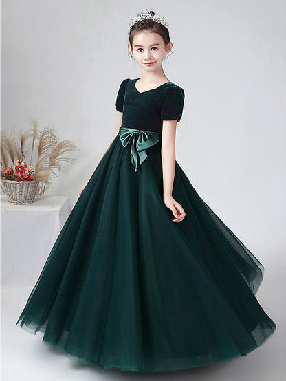 Long Ball Gown Velvet Bateau Neck Wedding Party Flower Girl Dresses with Sleeves