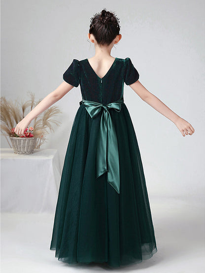 Long Ball Gown Velvet Bateau Neck Wedding Party Flower Girl Dresses with Sleeves