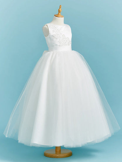 Long Flower Girl Dresses Ball Gown Crew Neck Lace Tulle Junior Bridesmaid Dress