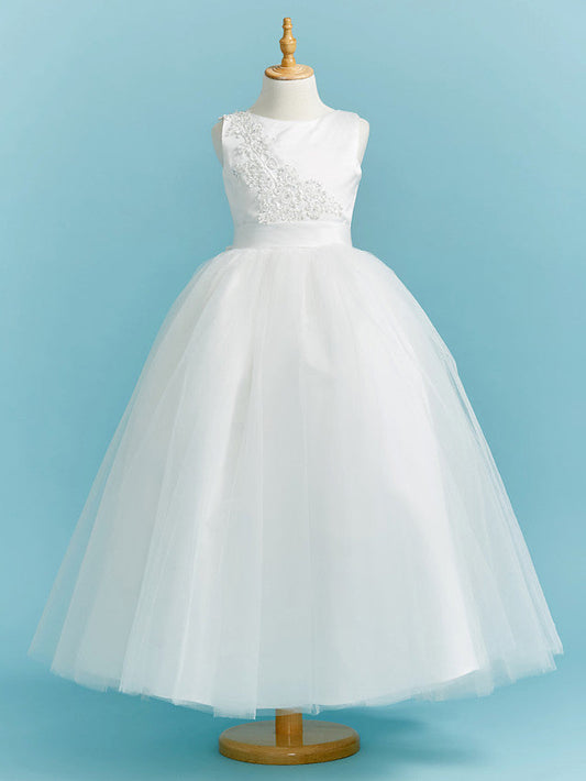 Long Flower Girl Dresses Ball Gown Crew Neck Lace Tulle Junior Bridesmaid Dress