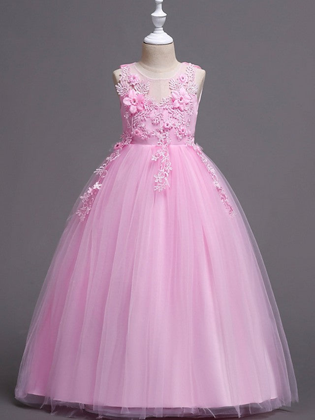 Long Princess Ball Gown Satin Tulle Wedding Party Flower Girl Dresses