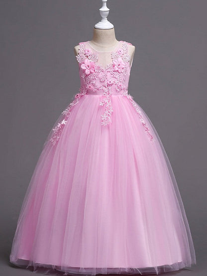 Long Princess Ball Gown Satin Tulle Wedding Party Flower Girl Dresses