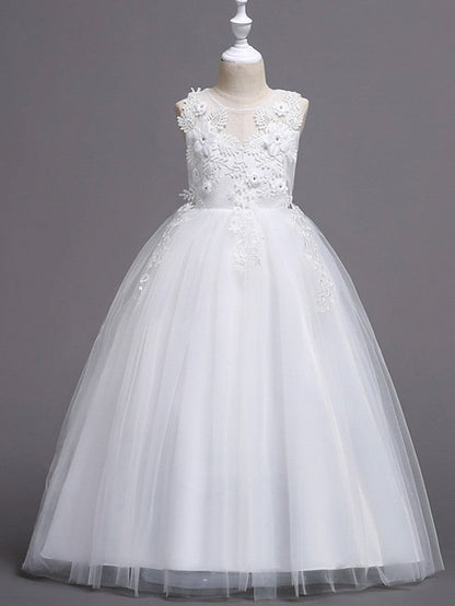 Long Princess Ball Gown Satin Tulle Wedding Party Flower Girl Dresses