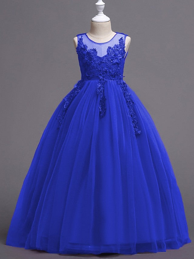 Long Princess Ball Gown Satin Tulle Wedding Party Flower Girl Dresses