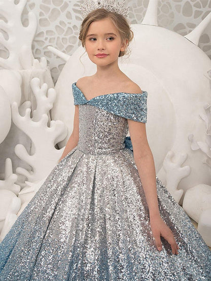 Long Princess Ball Gown Sequined Off Shoulder Wedding Party Flower Girl Dresses