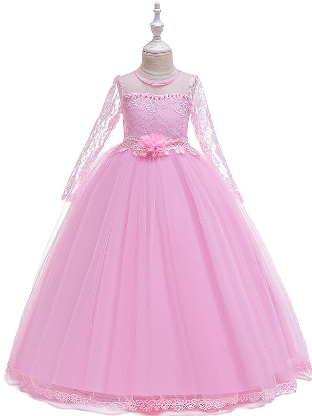 Long Princess Jewel Neck Party Pageant Flower Girl Dresses with Sleeves