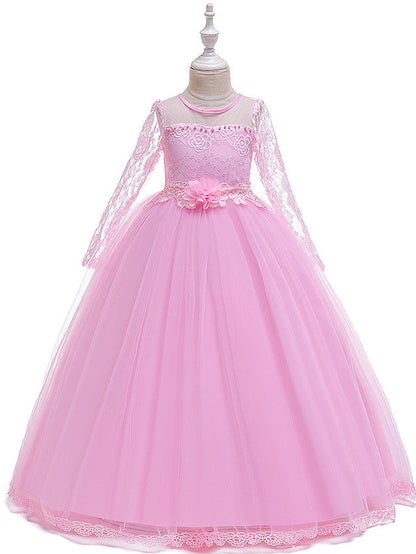 Long Princess Jewel Neck Party Pageant Flower Girl Dresses with Sleeves