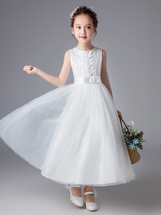 Long Princess Jewel Neck Tulle Wedding First Communion Flower Girl Dresses