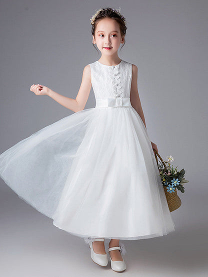 Long Princess Jewel Neck Tulle Wedding First Communion Flower Girl Dresses