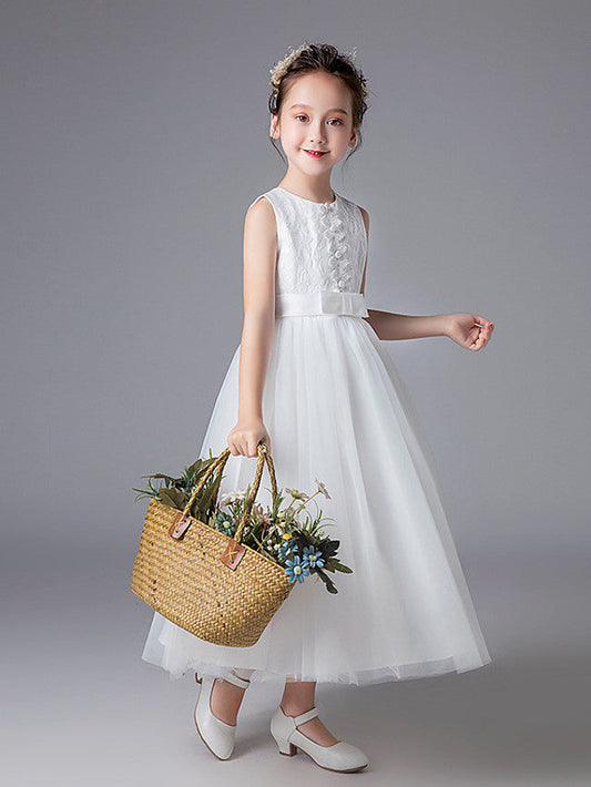 Long Princess Jewel Neck Tulle Wedding First Communion Flower Girl Dresses