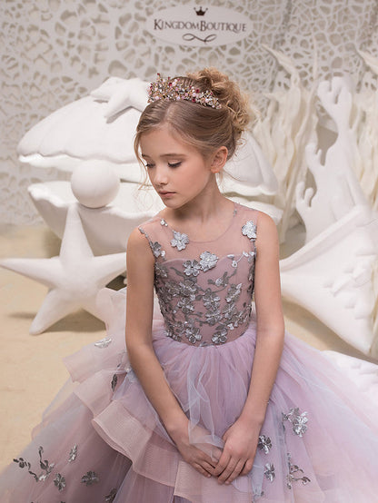 Long Princess Lace Organza Tulle Jewel Neck Maxi Party Birthday Pageant Flower Girl Dresses