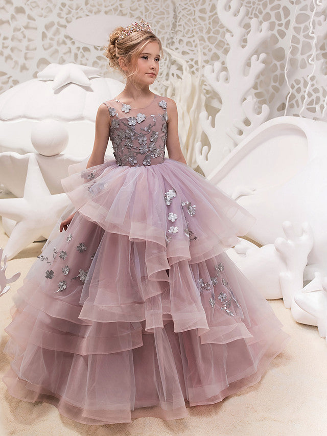 Long Princess Lace Organza Tulle Jewel Neck Maxi Party Birthday Pageant Flower Girl Dresses