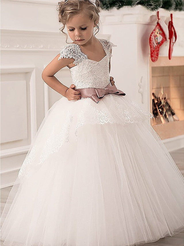 Long Princess Lace Satin Tulle Flower Girl Dresses