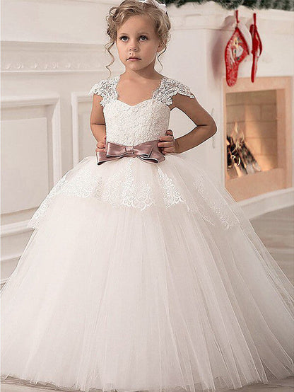 Long Princess Lace Satin Tulle Flower Girl Dresses