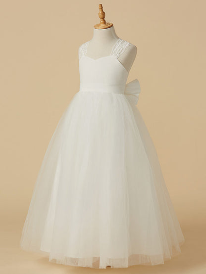 Long Princess Lace Satin Tulle Sleeveless Wedding First Communion Flower Girl Dresses