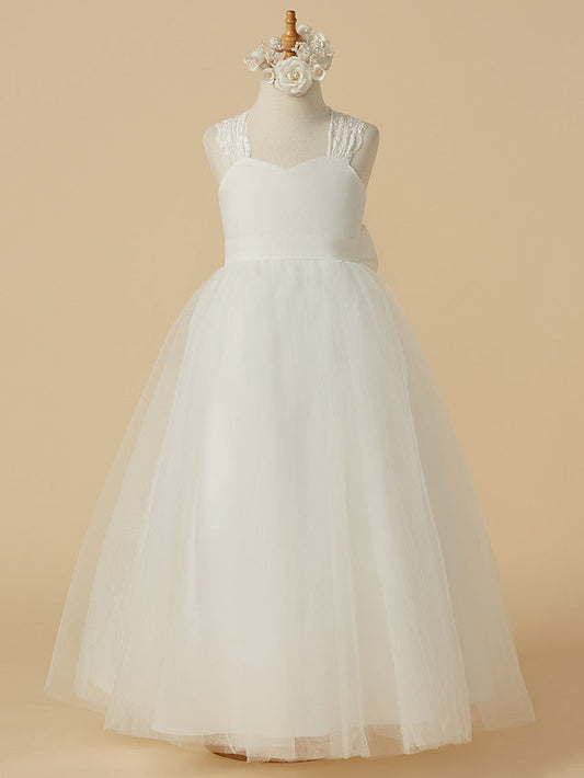 Long Princess Lace Satin Tulle Sleeveless Wedding First Communion Flower Girl Dresses