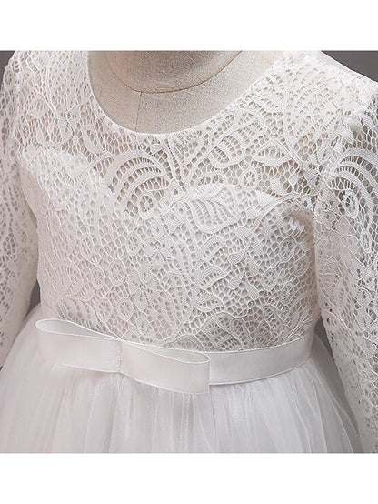 Long Princess Lace Tulle Cotton Jewel Neck Wedding Party Pageant Flower Girl Dresses with Sleeves