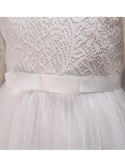 Long Princess Lace Tulle Cotton Jewel Neck Wedding Party Pageant Flower Girl Dresses with Sleeves