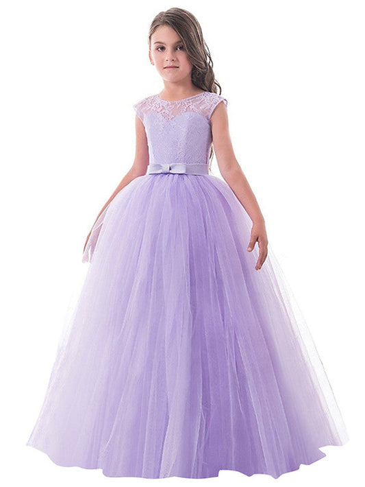 Long Princess Lace Tulle Jewel Neck Party Birthday Pageant Flower Girl Dresses