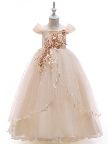 Long Princess Off The Shoulder Tulle Party Pageant Flower Girl Dresses with Sleeves