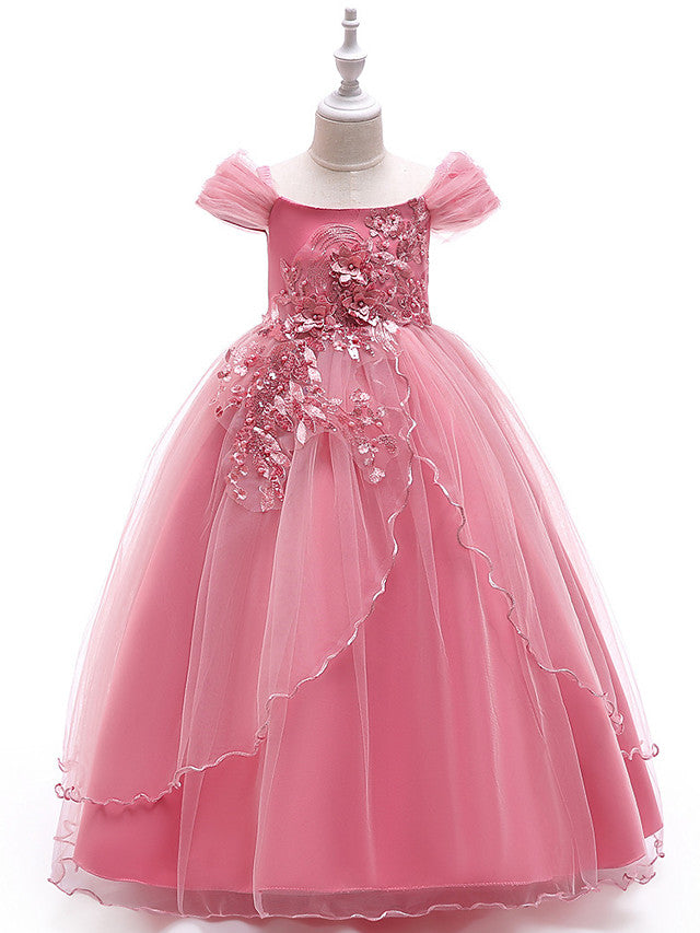 Long Princess Off The Shoulder Tulle Party Pageant Flower Girl Dresses with Sleeves