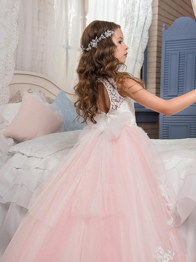 Long Princess Pageant Lace Tulle Sleeveless Jewel Neck Flower Girl Dresses