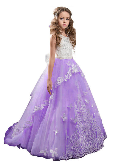 Long Princess Pageant Lace Tulle Sleeveless Jewel Neck Flower Girl Dresses