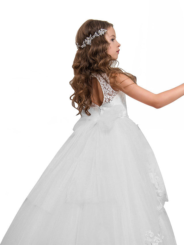 Long Princess Pageant Lace Tulle Sleeveless Jewel Neck Flower Girl Dresses