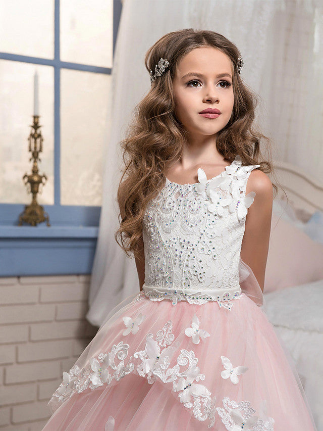 Long Princess Pageant Lace Tulle Sleeveless Jewel Neck Flower Girl Dresses