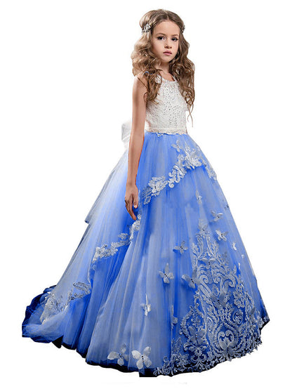 Long Princess Pageant Lace Tulle Sleeveless Jewel Neck Flower Girl Dresses