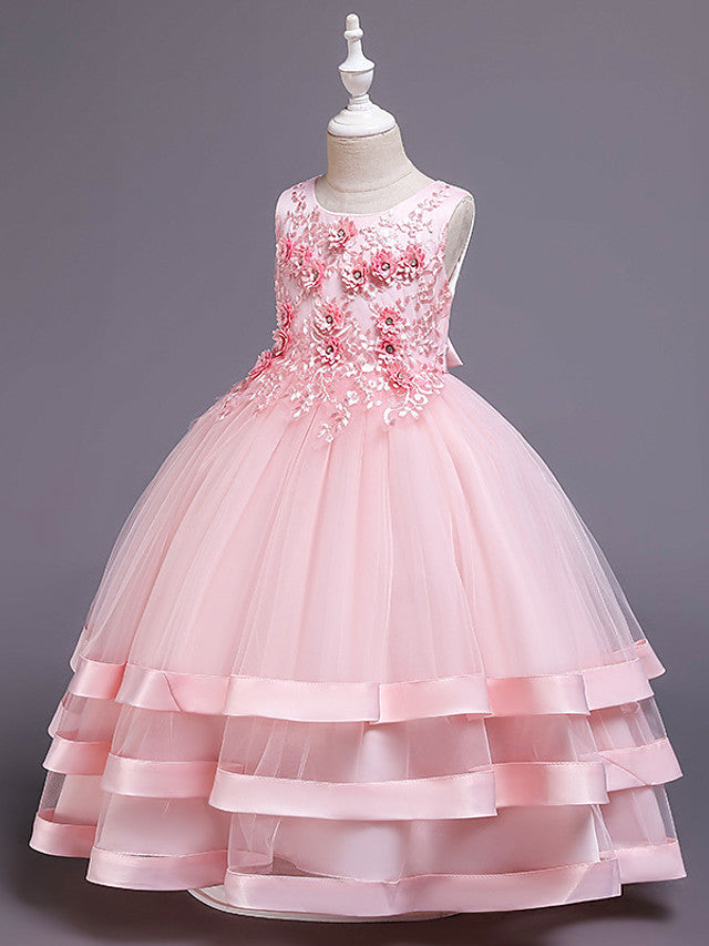 Long Princess Satin Tulle Jewel Neck Wedding Party Pageant Flower Girl Dresses