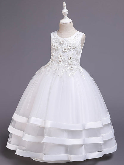 Long Princess Satin Tulle Jewel Neck Wedding Party Pageant Flower Girl Dresses