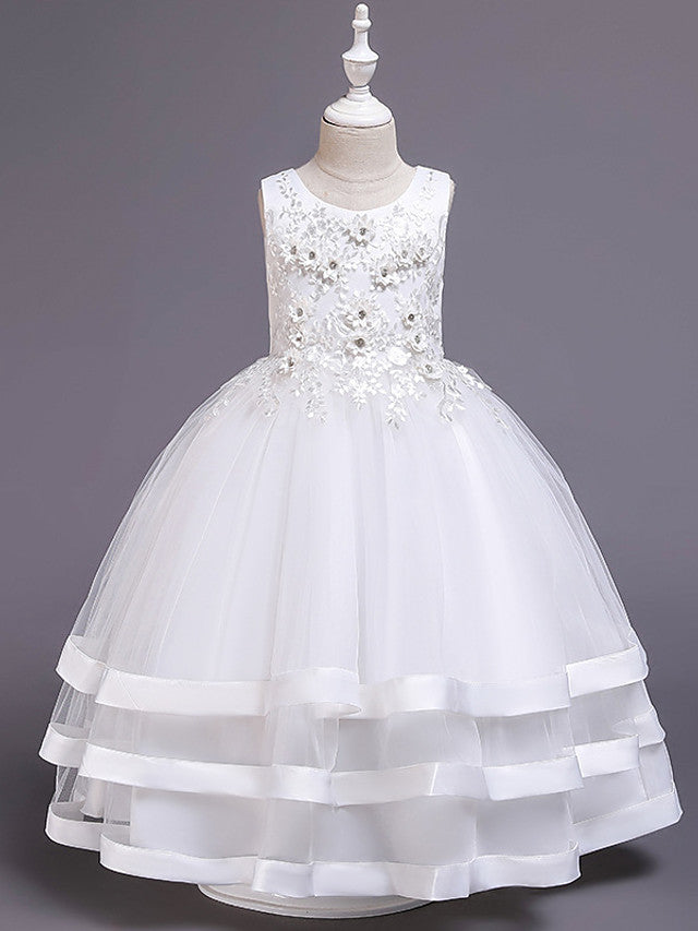 Long Princess Satin Tulle Jewel Neck Wedding Party Pageant Flower Girl Dresses