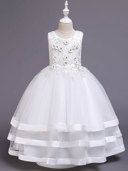 Long Princess Satin Tulle Jewel Neck Wedding Party Pageant Flower Girl Dresses