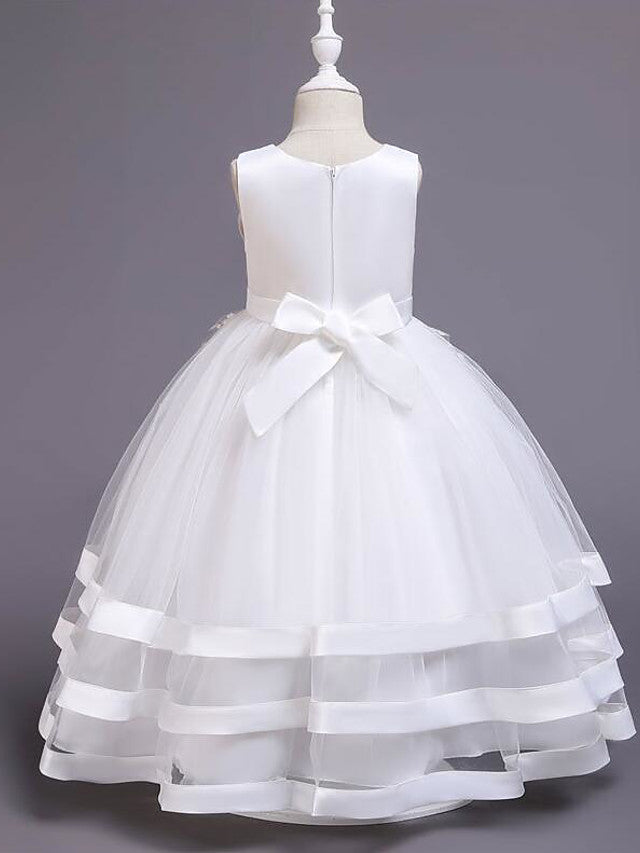 Long Princess Satin Tulle Jewel Neck Wedding Party Pageant Flower Girl Dresses