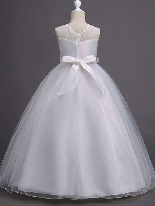 Long Princess Satin Tulle Sleeveless Jewel Neck First Communion Flower Girl Dresses