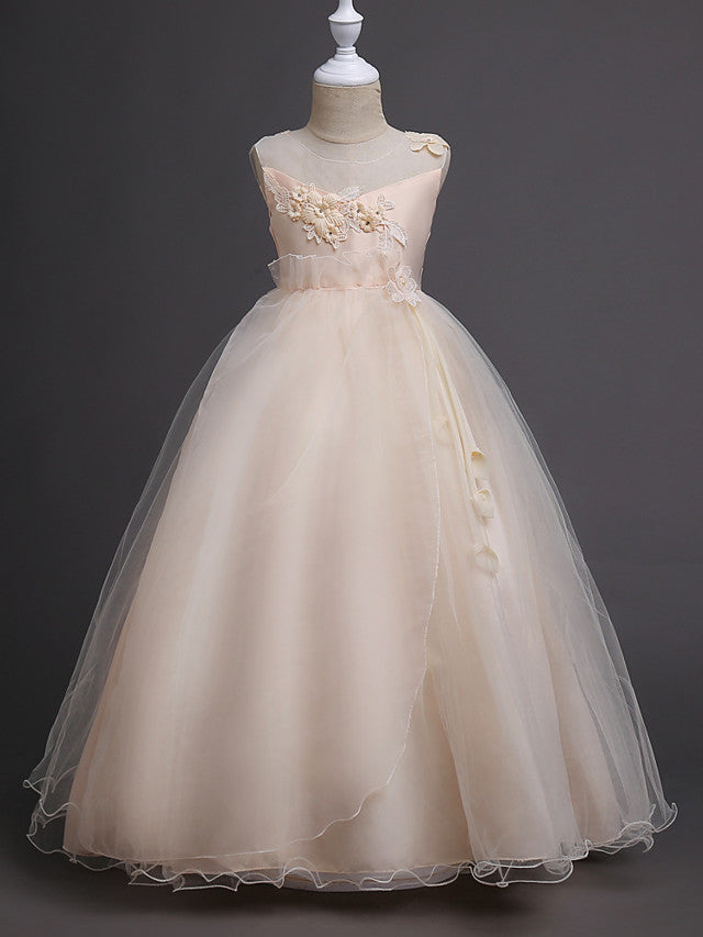 Long Princess Satin Tulle Sleeveless Jewel Neck First Communion Flower Girl Dresses