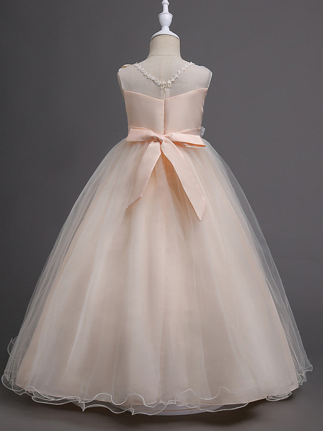 Long Princess Satin Tulle Sleeveless Jewel Neck First Communion Flower Girl Dresses