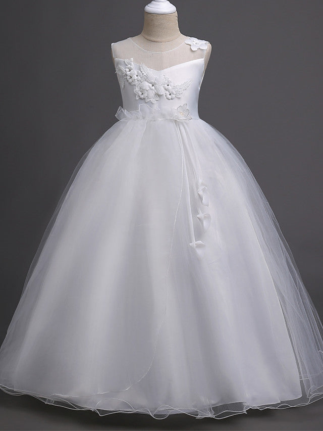 Long Princess Satin Tulle Sleeveless Jewel Neck First Communion Flower Girl Dresses